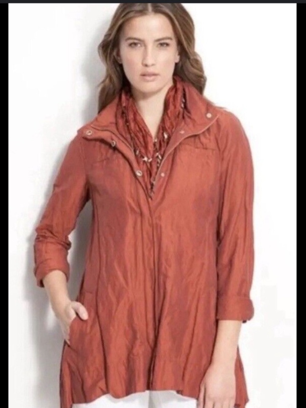 Eileen Fisher Rumpled Cotton Burnt Orange Metallic Hooded Jacket XL